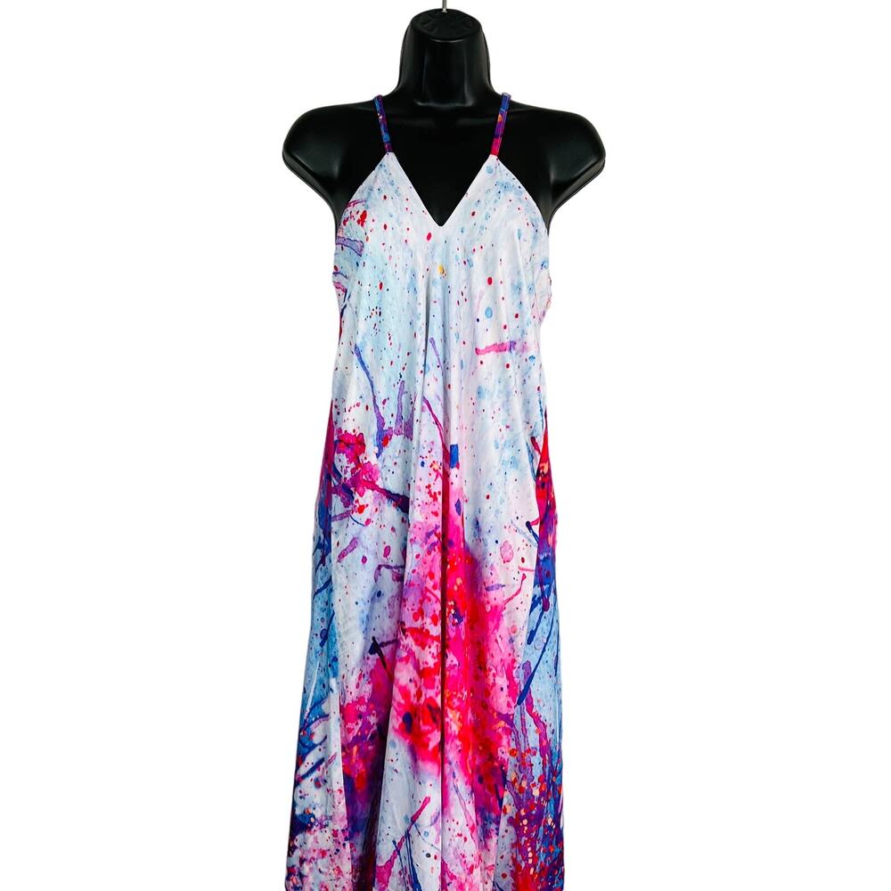 ASKARI V Neck Halter Gown Dress Splatterpaint Pink Blue - S